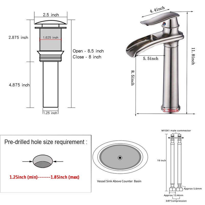 GGStudy Bathroom Faucet Brushed Nickel Waterfall Single Handle One Hole Tally Body Farmhouse Bathroom Vessel Sink Faucet Matching with Pop Up Drain - Image 2